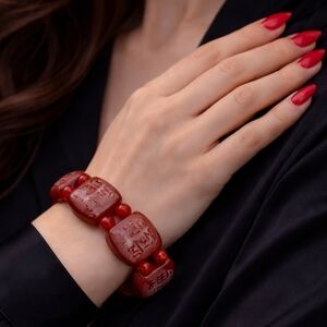 RARE 1970s HSUI Natural Red Jade Stretch Bracelet Hand Carved Chinese Character
